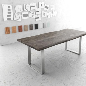 Esstisch Edge 220x100cm XL Akazie Platin Edelstahl schmal Live-Edge, Esstische, Baumkantenmöbel, Massivholzmöbel, Massivholz