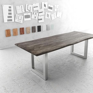 Esstisch Edge 240x100cm Akazie Platin Edelstahl breit Live-Edge, Esstische, Baumkantenmöbel, Massivholzmöbel, Massivholz
