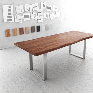 Esstisch Edge 240x100cm XL Akazie Braun Edelstahl schmal Live-Edge, Esstische, Baumkantenmöbel, Massivholzmöbel, Massivholz