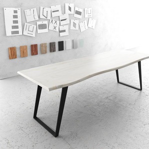 Esstisch Edge 260x100 Neem Weiss Gekalkt Metall Schräg Schwarz Live-Edge, Esstische, Baumkantenmöbel, Massivholzmöbel, Massivholz