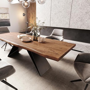 Esstisch Edge 260x100 XL Akazie Braun V-Gestell Flachstahl Schwarz Live-Edge, Esstische, Baumkantenmöbel, Massivholzmöbel, Massivholz
