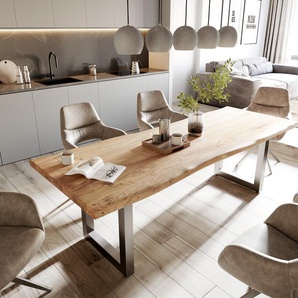 Esstisch Edge 260x100 XL Akazie Natur Edelstahl Breit Live-Edge, Esstische, Baumkantenmöbel, Massivholzmöbel, Massivholz