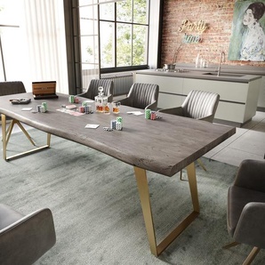 Esstisch Edge 260x100 XL Akazie Platin Edelstahl Gold Schräg Live-Edge, Esstische, Baumkantenmöbel, Massivholzmöbel, Massivholz