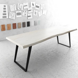 Esstisch Edge 260x100 XL Neem Weiss Gekalkt Metall Schräg Schwarz Live-Edge, Esstische, Baumkantenmöbel, Massivholzmöbel, Massivholz