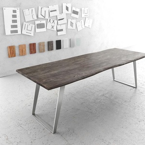Esstisch Edge 260x100cm Akazie Platin Edelstahl Silber schräg Live-Edge, Esstische, Baumkantenmöbel, Massivholzmöbel, Massivholz