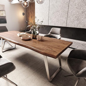 Esstisch Edge 260x100cm XL Akazie Braun Edelstahl Silber schräg Live-Edge, Esstische, Baumkantenmöbel, Massivholzmöbel, Massivholz