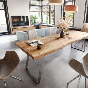 Esstisch Edge 260x100cm XL Akazie Natur Edelstahl Silber schräg Live-Edge, Esstische, Baumkantenmöbel, Massivholzmöbel, Massivholz
