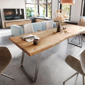 Esstisch Edge 280x100 XL Akazie Natur Edelstahl Schräg Live-Edge, Esstische, Baumkantenmöbel, Massivholzmöbel, Massivholz