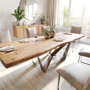 Esstisch Edge 280x100 XL Akazie Natur Spider Flachstahl Edelstahl Live-Edge, Esstische, Baumkantenmöbel, Massivholzmöbel, Massivholz