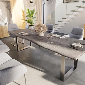 Esstisch Edge 280x100cm Akazie Platin Edelstahl schmal Live-Edge, Esstische, Baumkantenmöbel, Massivholzmöbel, Massivholz