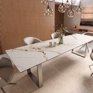 Esstisch Edge 300x100 Keramik Calacatta Luxe Weiß-Gold-Grau Edelstahl Schmal, Esstische