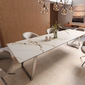 Esstisch Edge 300x100 Keramik Calacatta Luxe Weiß-Gold-Grau Edelstahl Schräg, Esstische
