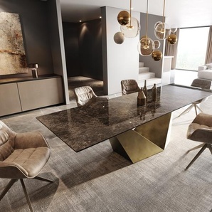Esstisch Edge 300x100 Keramik Laminam® Emperador Extra Lucidato Dunkelbraun Prisma Metallic Gold, Esstische