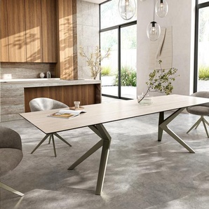 Esstisch Edge 300x100 Keramik Laminam® Travertino Bianco Creme-Weiß Zenthara kantig Metall Effektfinish Titan, Esstische