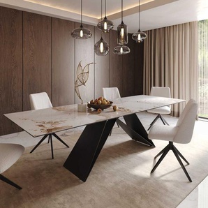 Esstisch Edge 300x100 Keramik Minas Melange Weiß-Beige V-Gestell Flachstahl Schwarz, Esstische