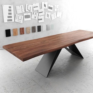 Esstisch Edge 300x100 XL Akazie Braun V-Gestell Flachstahl Schwarz Live-Edge, Esstische, Baumkantenmöbel, Massivholzmöbel, Massivholz