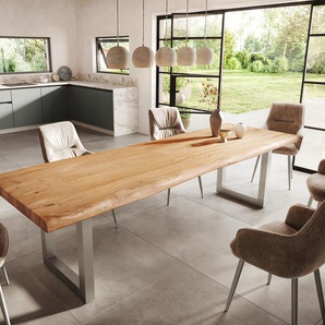 Esstisch Edge 300x100 XL Akazie Natur Edelstahl Breit Live-Edge, Esstische, Baumkantenmöbel, Massivholzmöbel, Massivholz