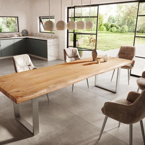 Esstisch Edge 300x100 XL Akazie Natur Edelstahl Schmal Live-Edge, Esstische, Baumkantenmöbel, Massivholzmöbel, Massivholz