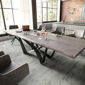 Esstisch Edge 300x100 XL Akazie Platin Spider Flachstahl Schwarz Live-Edge, Esstische, Baumkantenmöbel, Massivholzmöbel, Massivholz