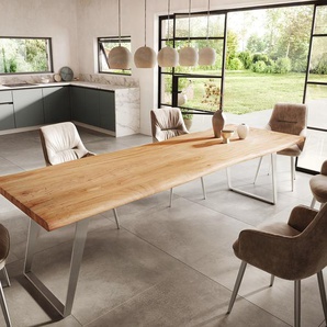 Esstisch Edge 300x100cm Akazie Natur Edelstahl Silber schräg Live-Edge, Esstische, Baumkantenmöbel, Massivholzmöbel, Massivholz