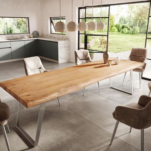 Esstisch Edge 300x100cm XL Akazie Natur Edelstahl Silber schräg Live-Edge, Esstische, Baumkantenmöbel, Massivholzmöbel, Massivholz