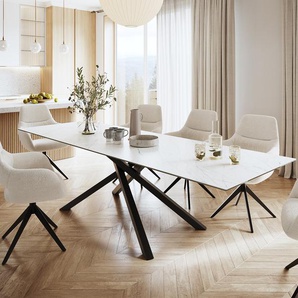 Esstisch Edge 300x100cmKeramik Laminam®Statuarietto Weiß Mittelfuß Kreuz Schwarz, Esstische