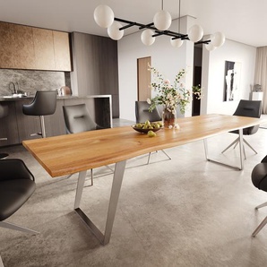 Esstisch Edge 300x100x4 Eiche Natur Edelstahl Schräg Live-Edge, Esstische, Baumkantenmöbel, Massivholzmöbel, Massivholz