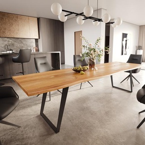 Esstisch Edge 300x100x4 Eiche Natur Metall Schräg Schwarz Live-Edge, Esstische, Baumkantenmöbel, Massivholzmöbel, Massivholz