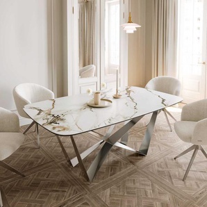 Esstisch Edge Boot 200x100 Keramik Calacatta Luxe Weiß-Gold-Grau Spider Flachstahl Edelstahl, Esstische