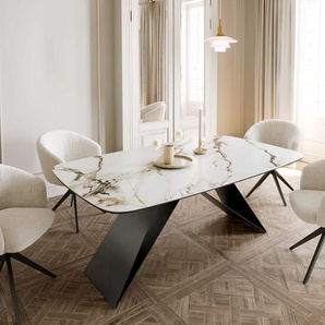 Esstisch Edge Boot 200x100 Keramik Calacatta Luxe Weiß-Gold-Grau V-Gestell Flachstahl Schwarz, Esstische