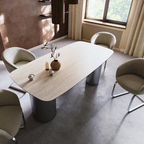 Esstisch Edge Boot 200x100 Keramik Laminam® Travertino Bianco Creme-Weiß Troa Edelstahl gebürstet, Esstische