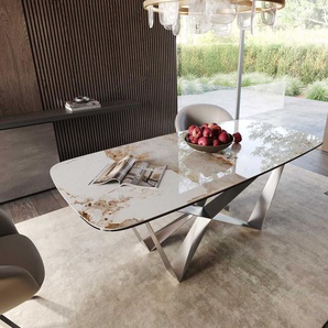 Esstisch Edge Boot 200x100 Keramik Minas Melange Weiß-Beige Spider Flachstahl Edelstahl, Esstische