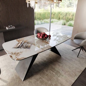 Esstisch Edge Boot 200x100 Keramik Minas Melange Weiß-Beige V-Gestell Flachstahl Schwarz, Esstische