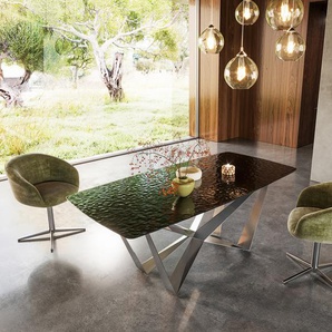 Esstisch Edge Boot 200x100 Reliefglas Rauchschwarz 3D-Design Spider Flachstahl Edelstahl, Esstische