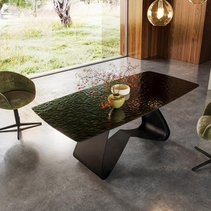 Esstisch Edge Boot 200x100 Reliefglas Rauchschwarz 3D-Design W-Gestell Metall Schwarz, Esstische