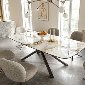 Esstisch Edge Boot 240x120 cm Keramik Minas Melange Weiß-Beige Kreuzgestell Rechteck Edelstahl Graphit, Esstische