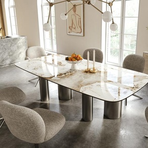 Esstisch Edge Boot 240x120 cm Keramik Minas Melange Weiß-Beige Pilier Edelstahl Graphit, Esstische