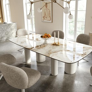 Esstisch Edge Boot 240x120 cm Keramik Minas Melange Weiß-Beige Pilier Metall Weiß, Esstische