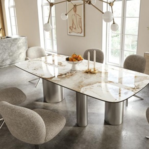 Esstisch Edge Boot 240x120 cm Keramik Minas Melange Weiß-Beige Troa Edelstahl gebürstet, Esstische