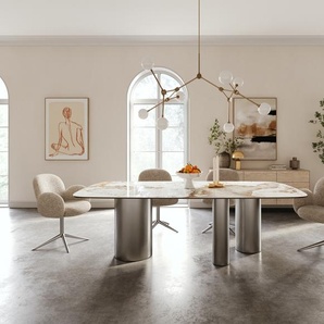 Esstisch Edge Boot 240x120 cm Keramik Minas Melange Weiß-Beige Troa Edelstahl gebürstet, Esstische