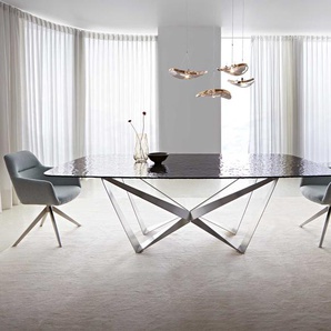 Esstisch Edge Boot 240x120 Reliefglas Rauchschwarz 3D-Design Spider Flachstahl Edelstahl, Esstische