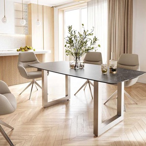 Esstisch Edge Bootsform 200x100 Keramik Laminam® Nero Greco Anthrazit Edelstahl Breit, Esstische