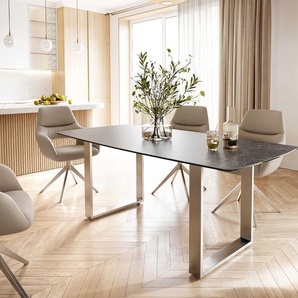 Esstisch Edge Bootsform 200x100 Keramik Laminam® Nero Greco Anthrazit Edelstahl Schmal, Esstische