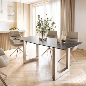 Esstisch Edge Bootsform 200x100 Keramik Laminam® Noir Desir Braun Edelstahl Breit, Esstische