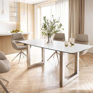 Esstisch Edge Bootsform 200x100 Keramik Laminam® Statuarietto Weiß Edelstahl Breit, Esstische