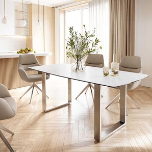 Esstisch Edge Bootsform 200x100 Keramik Laminam® Statuarietto Weiß Edelstahl Schmal, Esstische