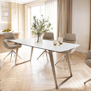 Esstisch Edge Bootsform 200x100 Keramik Laminam® Statuarietto Weiß Edelstahl Schräg, Esstische