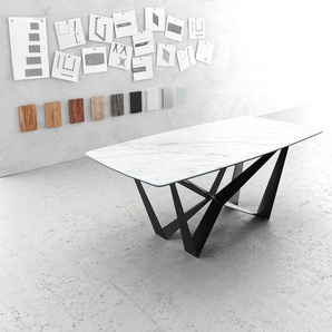 Esstisch Edge Bootsform 200x100cm Keramik Laminam®Statuarietto Weiß Mittelfuß Flachstahl Schwarz, Esstische