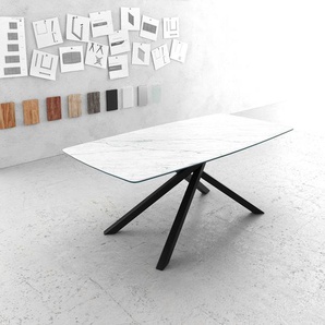 Esstisch Edge Bootsform 200x100cm Keramik Laminam®Statuarietto Weiß Mittelfuß Kreuz Schwarz, Esstische