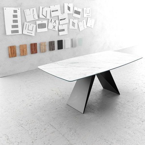 Esstisch Edge Bootsform 200x100cm Keramik Laminam®Statuarietto Weiß V-Mittelfuß Schwarz, Esstische